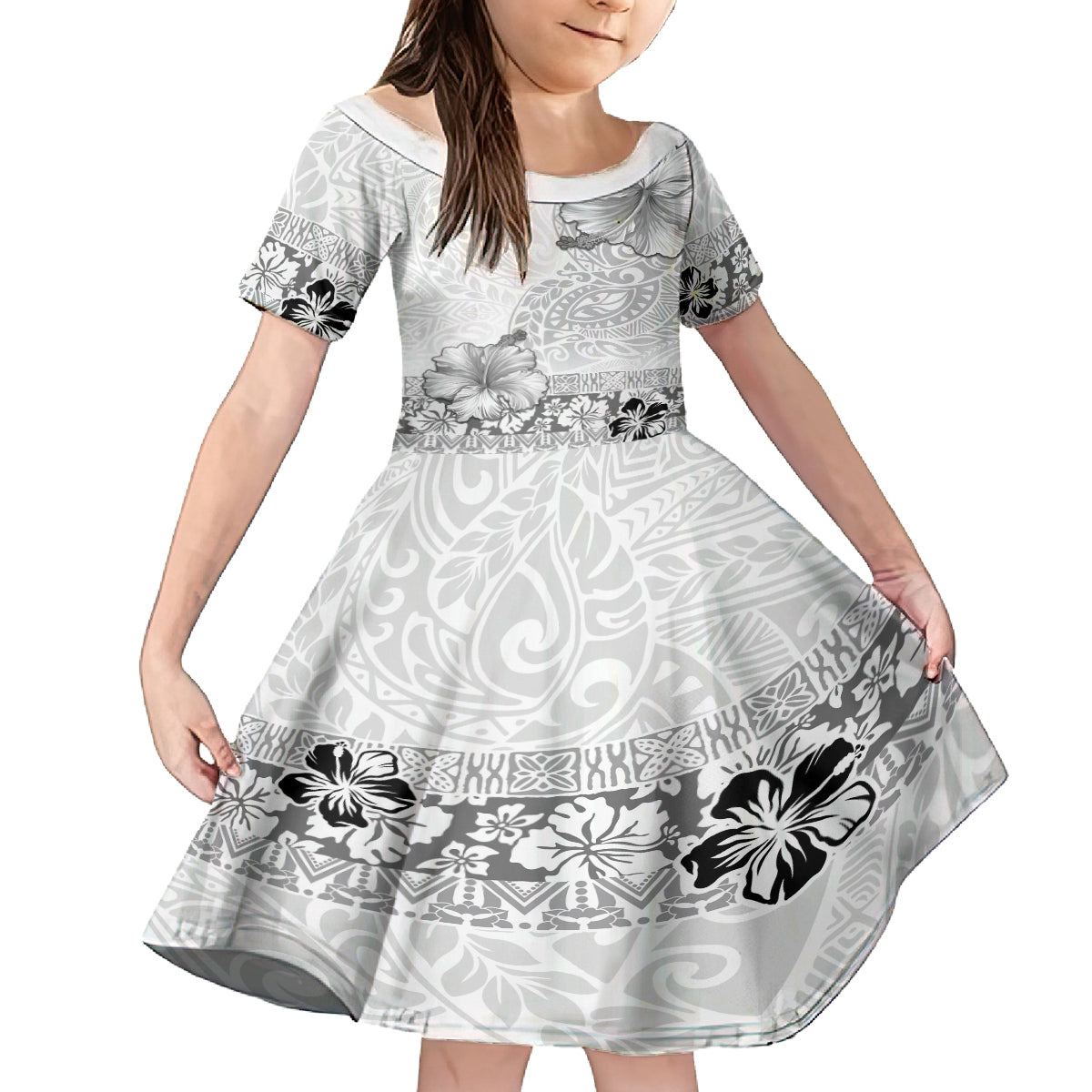 Hawaii Hibiscus With White Polynesian Pattern Kid Short Sleeve Dress LT05 KID White - Polynesian Pride