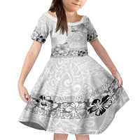 Hawaii Hibiscus With White Polynesian Pattern Kid Short Sleeve Dress LT05 KID White - Polynesian Pride