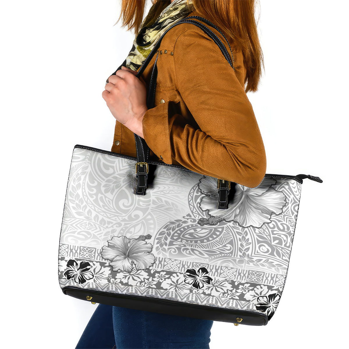 Hawaii Hibiscus With White Polynesian Pattern Leather Tote Bag LT05 White - Polynesian Pride