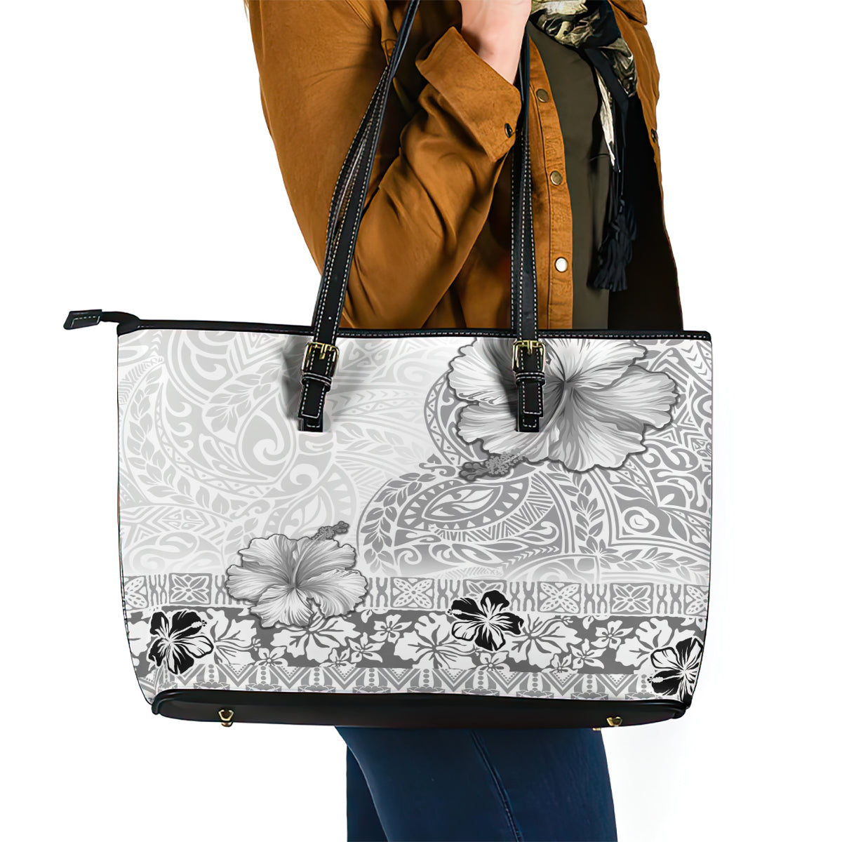 Hawaii Hibiscus With White Polynesian Pattern Leather Tote Bag LT05 - Polynesian Pride