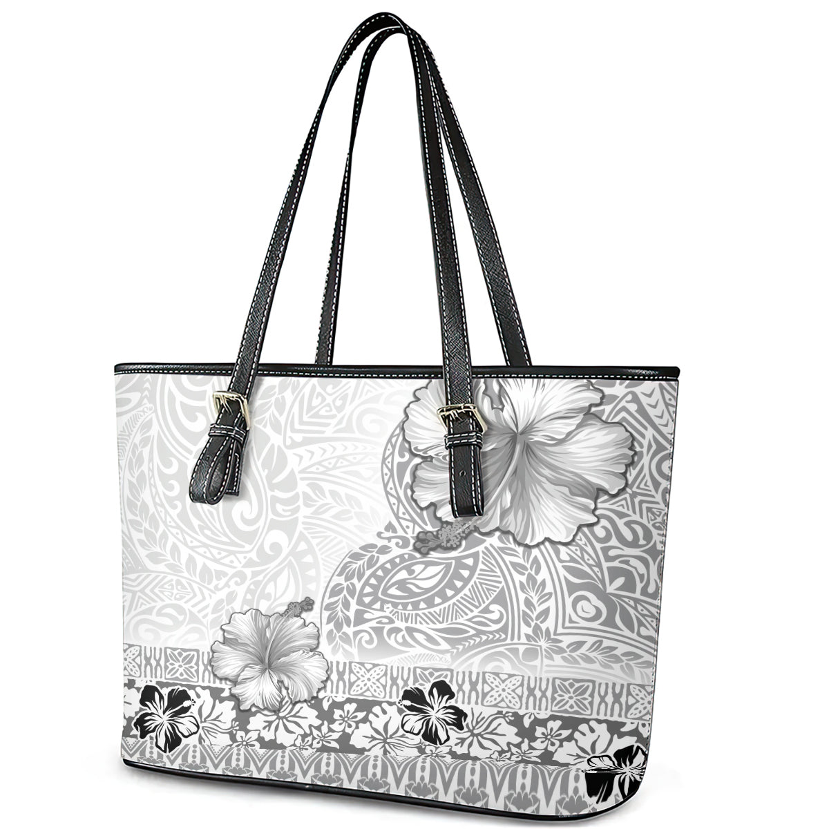 Hawaii Hibiscus With White Polynesian Pattern Leather Tote Bag LT05 - Polynesian Pride
