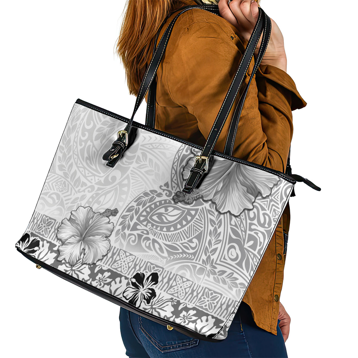 Hawaii Hibiscus With White Polynesian Pattern Leather Tote Bag LT05 - Polynesian Pride