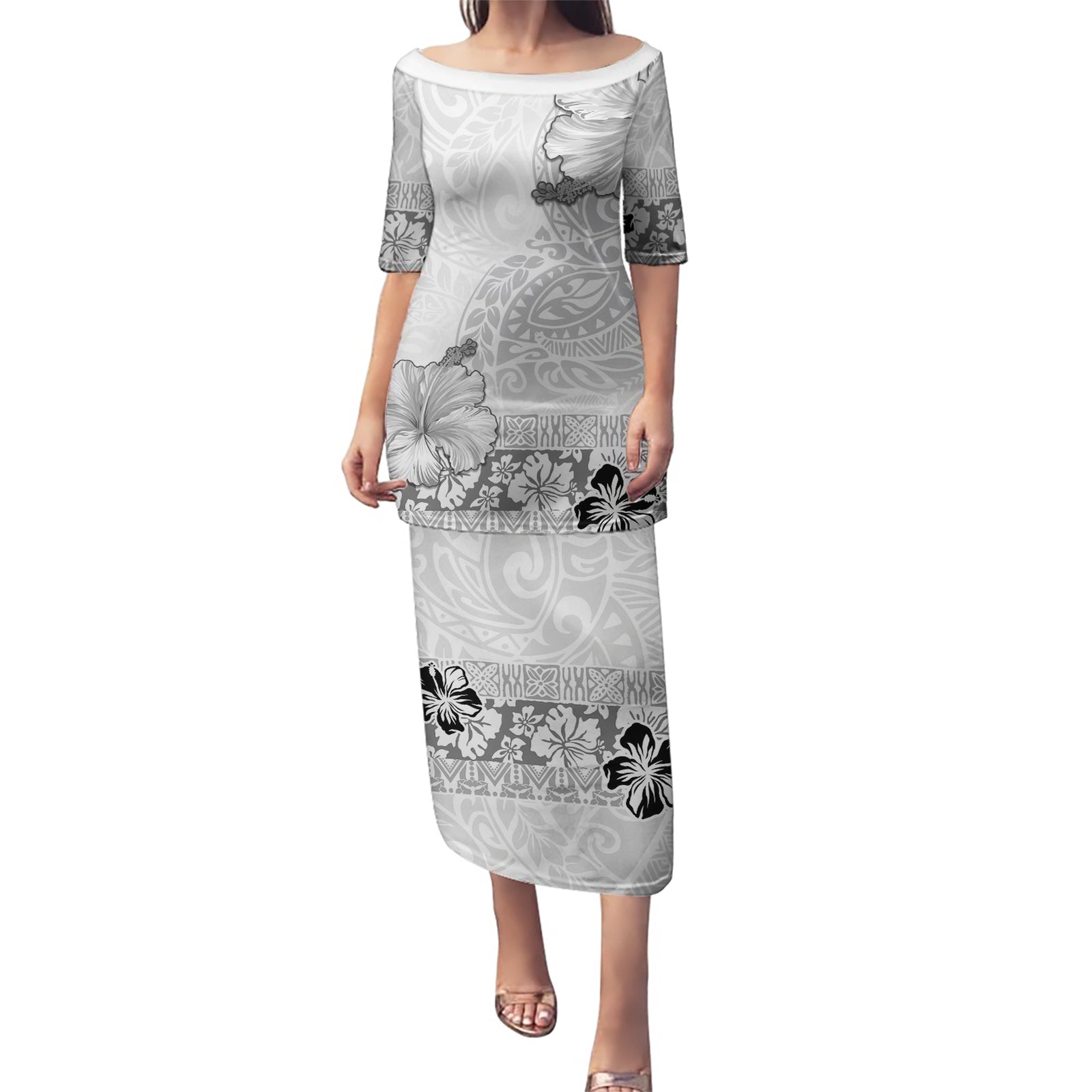 Hawaii Hibiscus With White Polynesian Pattern Puletasi LT05 Long Dress White - Polynesian Pride