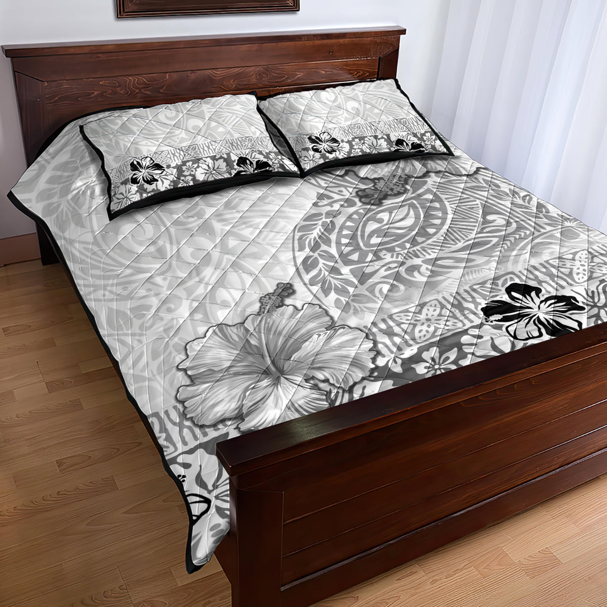 Hawaii Hibiscus With White Polynesian Pattern Quilt Bed Set LT05 - Polynesian Pride