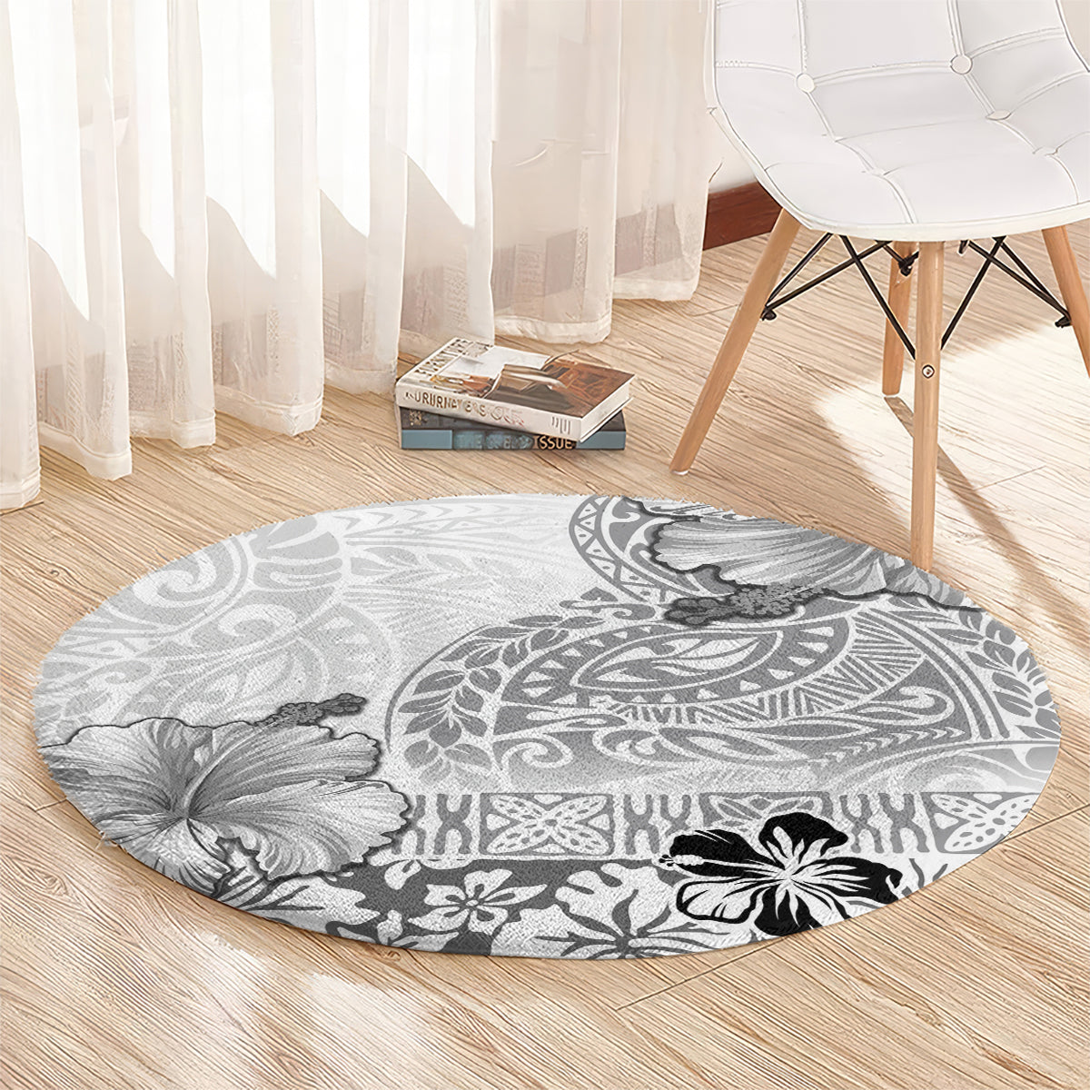 Hawaii Hibiscus With White Polynesian Pattern Round Carpet