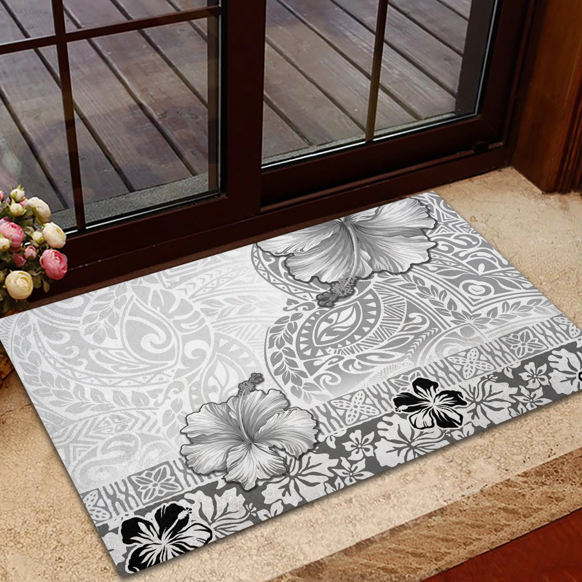 Hawaii Hibiscus With White Polynesian Pattern Rubber Doormat LT05 - Polynesian Pride