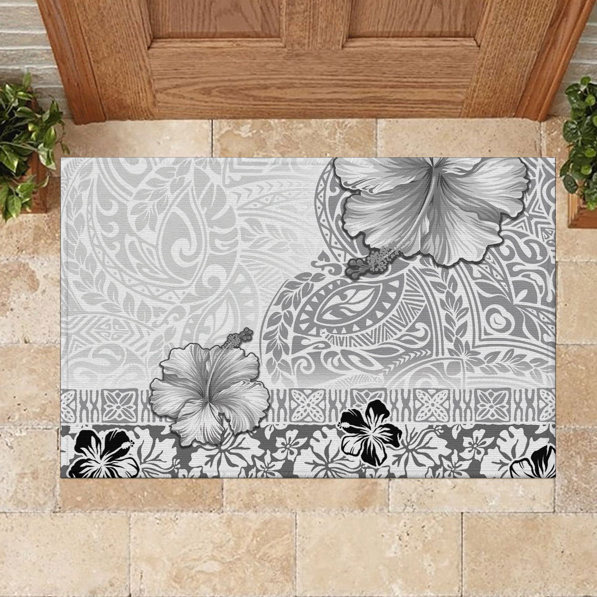 Hawaii Hibiscus With White Polynesian Pattern Rubber Doormat LT05 - Polynesian Pride