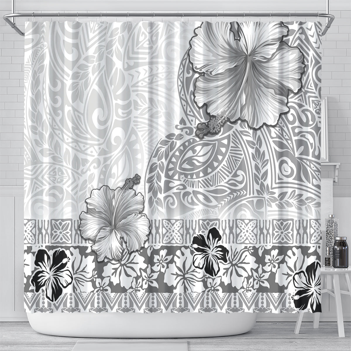 Hawaii Hibiscus With White Polynesian Pattern Shower Curtain