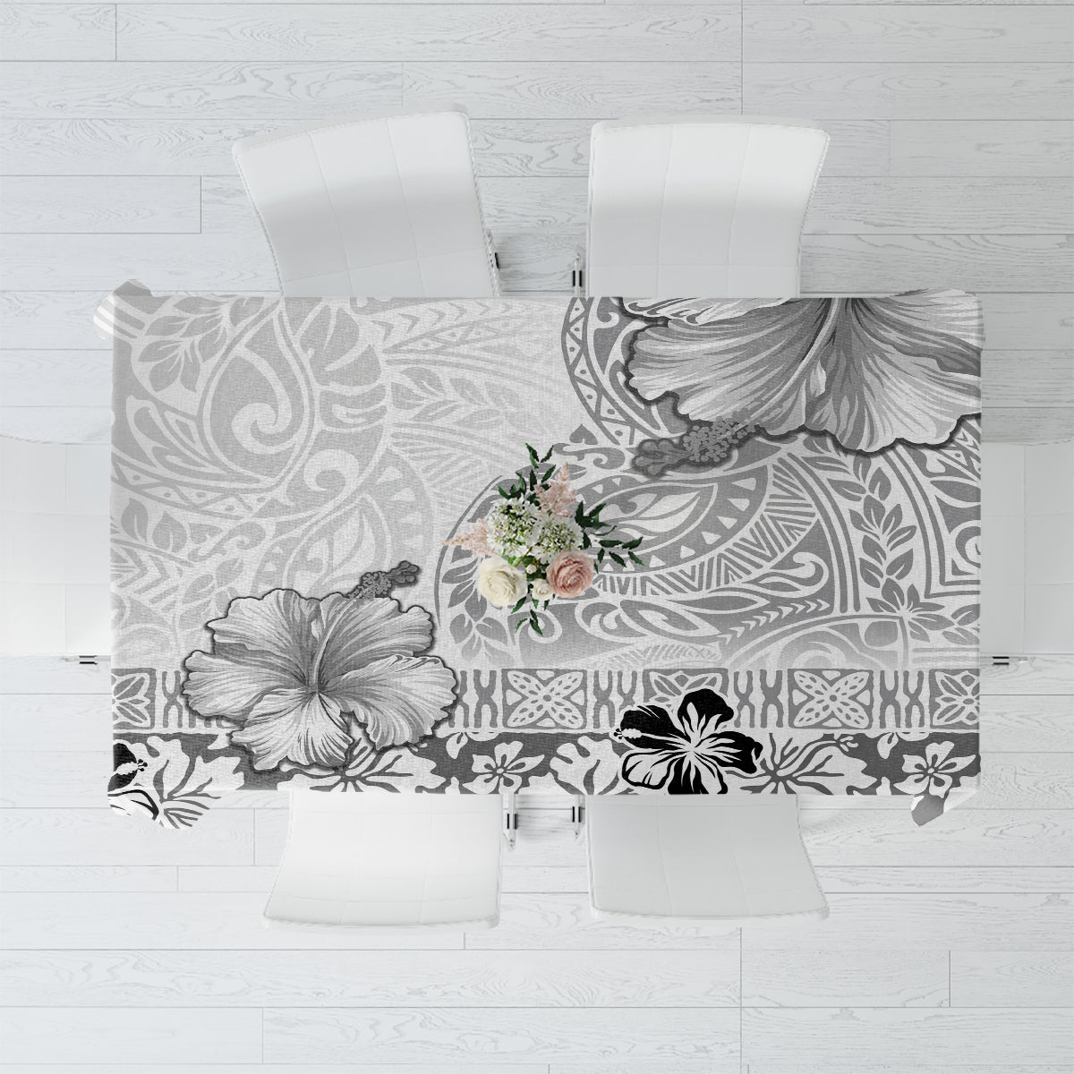 Hawaii Hibiscus With White Polynesian Pattern Tablecloth LT05 White - Polynesian Pride