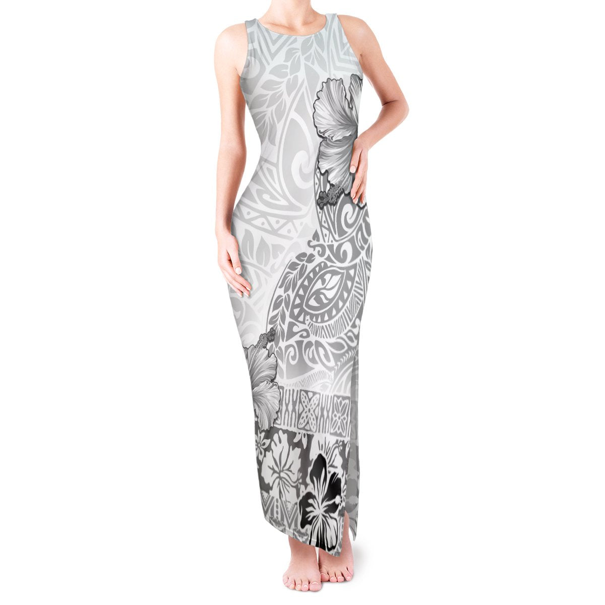 Hawaii Hibiscus With White Polynesian Pattern Tank Maxi Dress LT05 Women White - Polynesian Pride