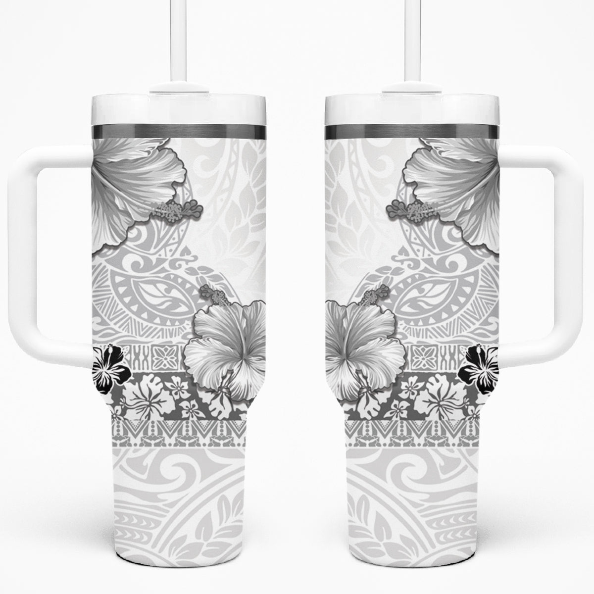 Hawaii Hibiscus With White Polynesian Pattern Tumbler With Handle