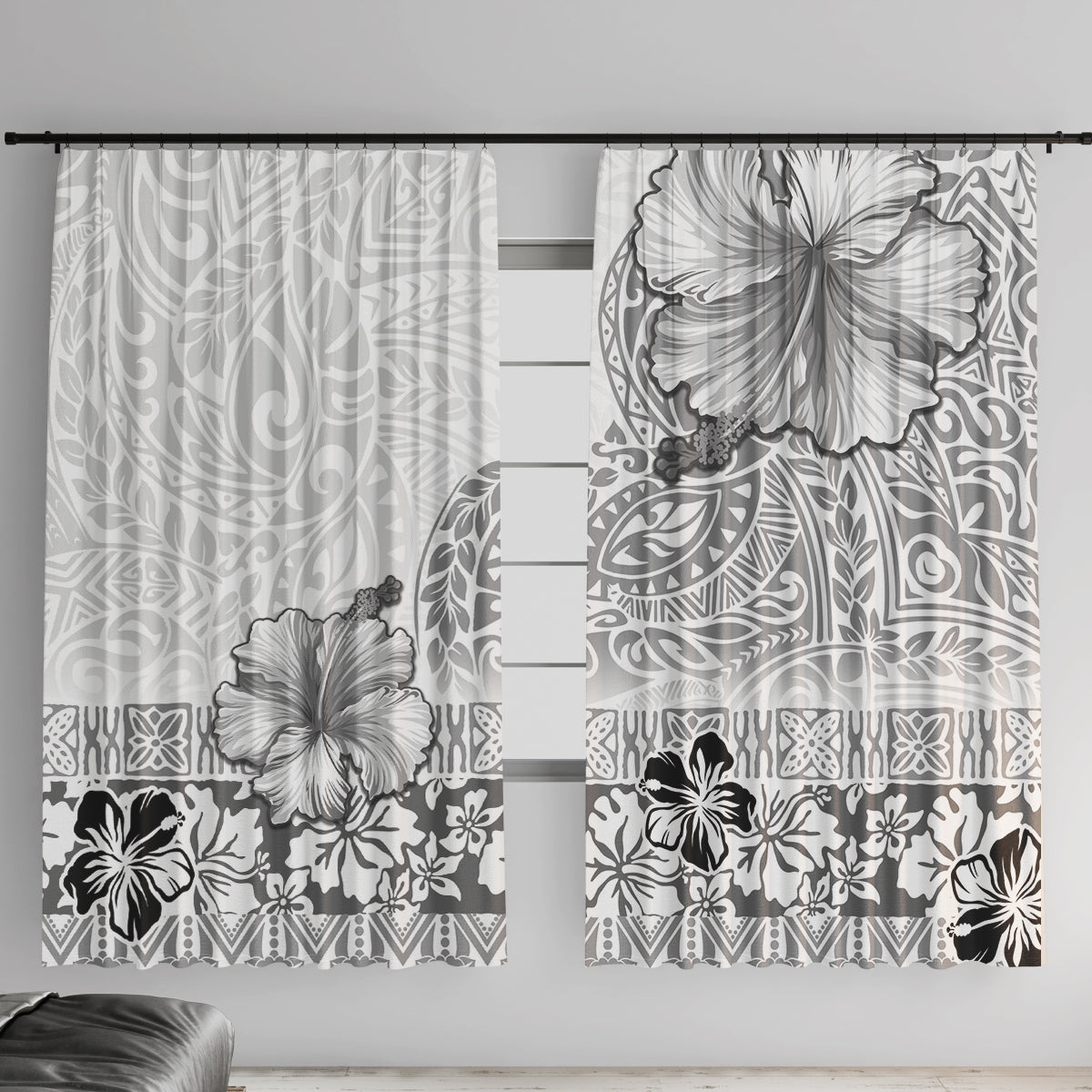 Hawaii Hibiscus With White Polynesian Pattern Window Curtain LT05 With Hooks White - Polynesian Pride