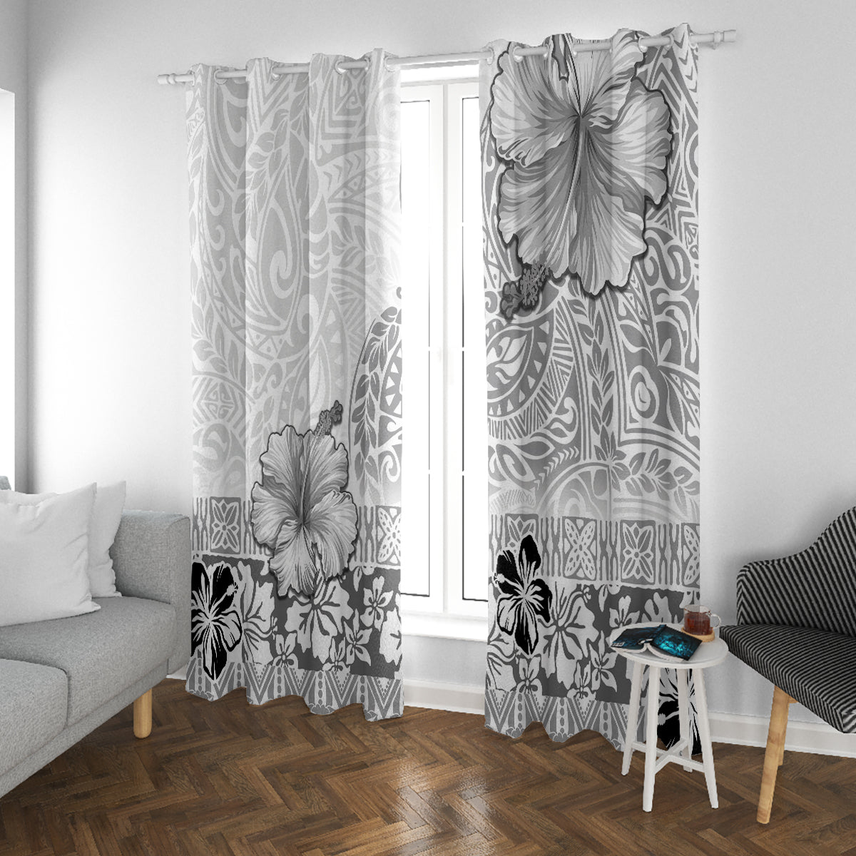 Hawaii Hibiscus With White Polynesian Pattern Window Curtain LT05 With Grommets White - Polynesian Pride
