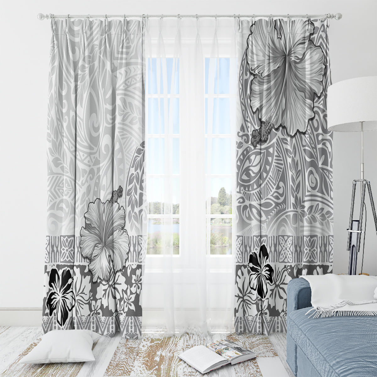 Hawaii Hibiscus With White Polynesian Pattern Window Curtain LT05 - Polynesian Pride