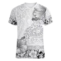 Hawaii Hibiscus With White Polynesian Pattern Women V-Neck T-Shirt