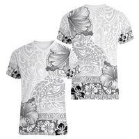 Hawaii Hibiscus With White Polynesian Pattern Women V-Neck T-Shirt