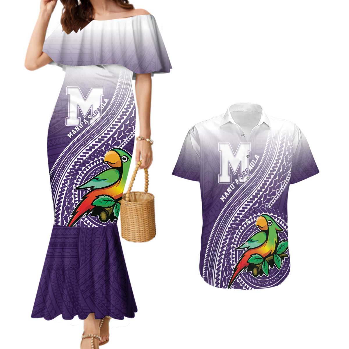 Personalized Manua High School Couples Matching Mermaid Dress and Hawaiian Shirt Polynesian Tribal Pattern LT05 Purple - Polynesian Pride