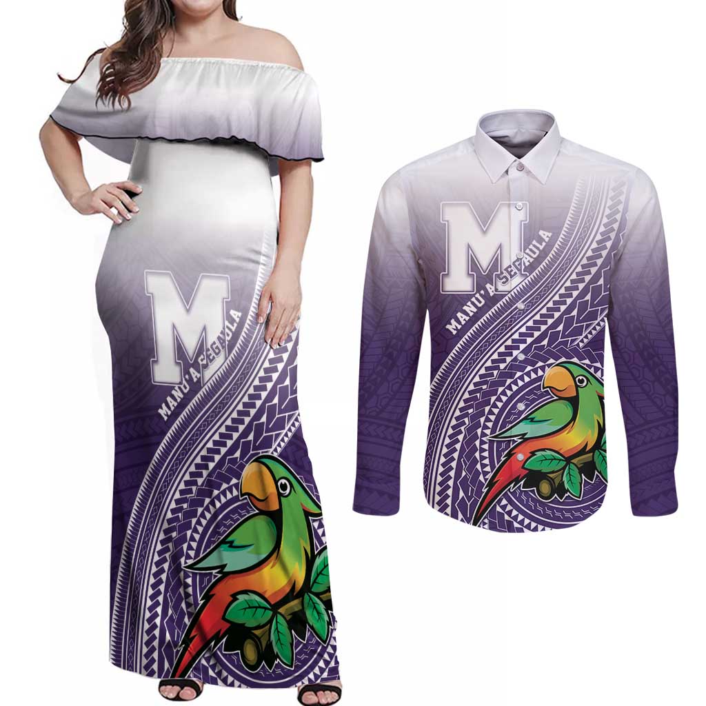 Personalized Manua High School Couples Matching Off Shoulder Maxi Dress and Long Sleeve Button Shirt Polynesian Tribal Pattern