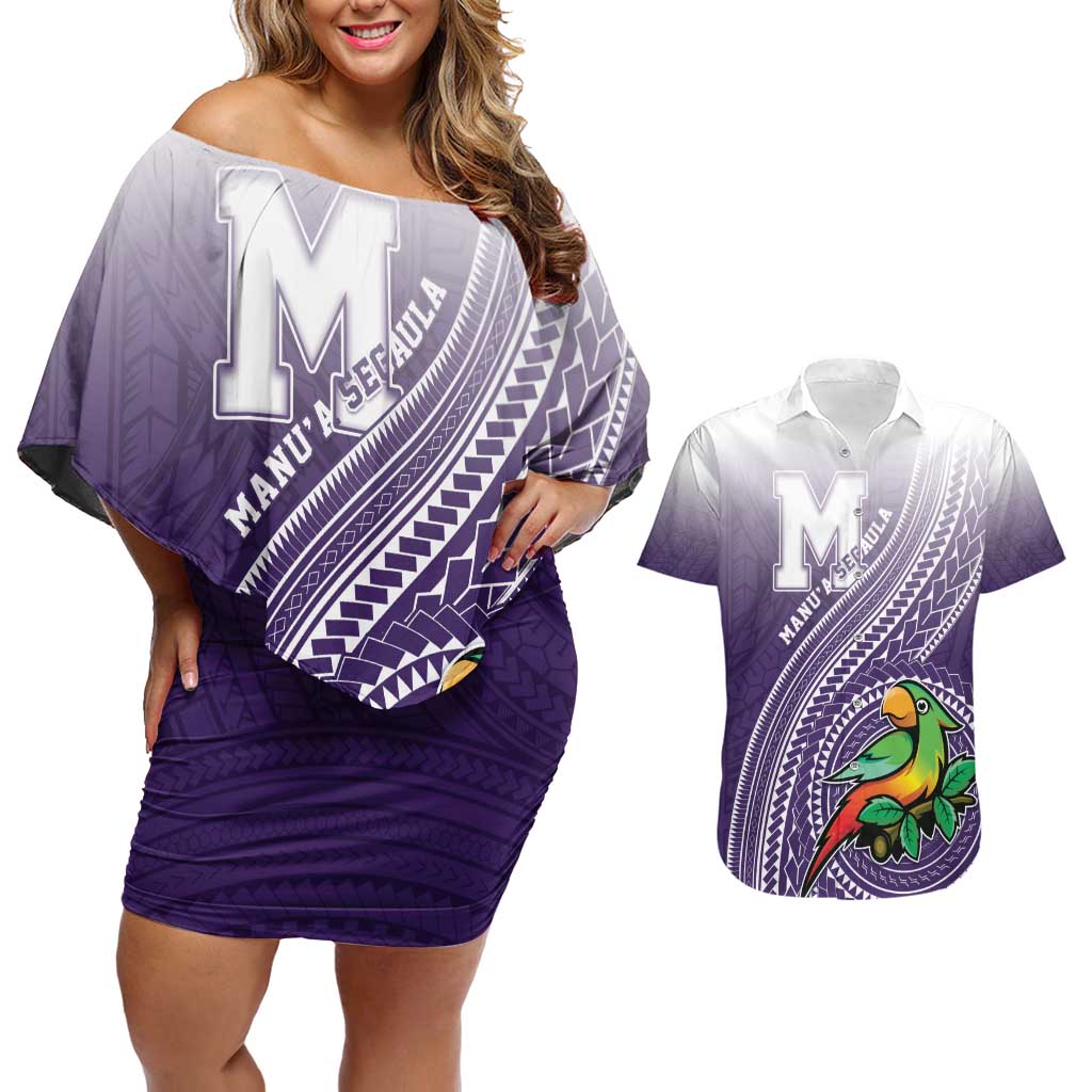 Personalized Manua High School Couples Matching Off Shoulder Short Dress and Hawaiian Shirt Polynesian Tribal Pattern LT05 Purple - Polynesian Pride