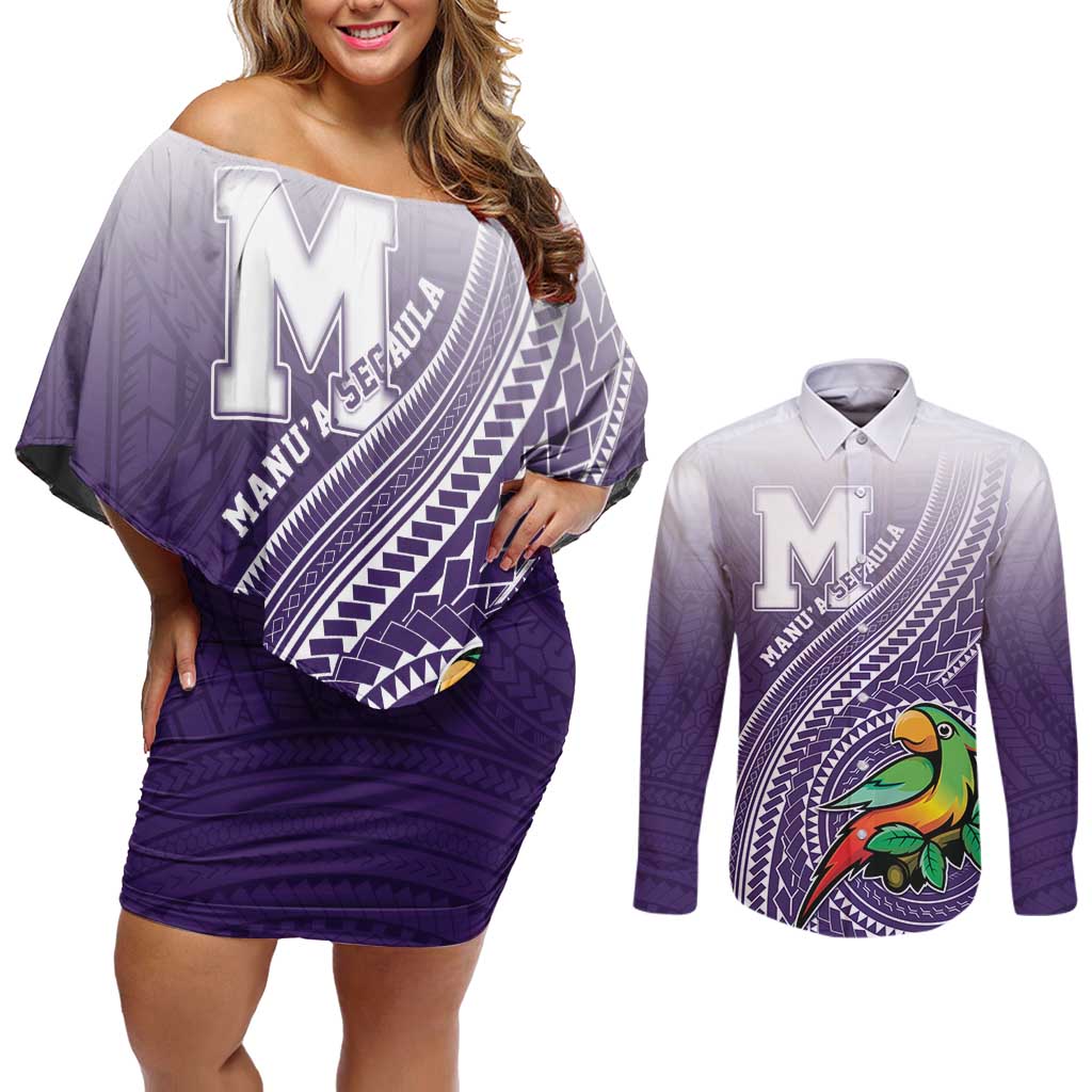Personalized Manua High School Couples Matching Off Shoulder Short Dress and Long Sleeve Button Shirt Polynesian Tribal Pattern LT05 Purple - Polynesian Pride