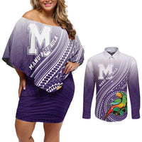 Personalized Manua High School Couples Matching Off Shoulder Short Dress and Long Sleeve Button Shirt Polynesian Tribal Pattern LT05 Purple - Polynesian Pride