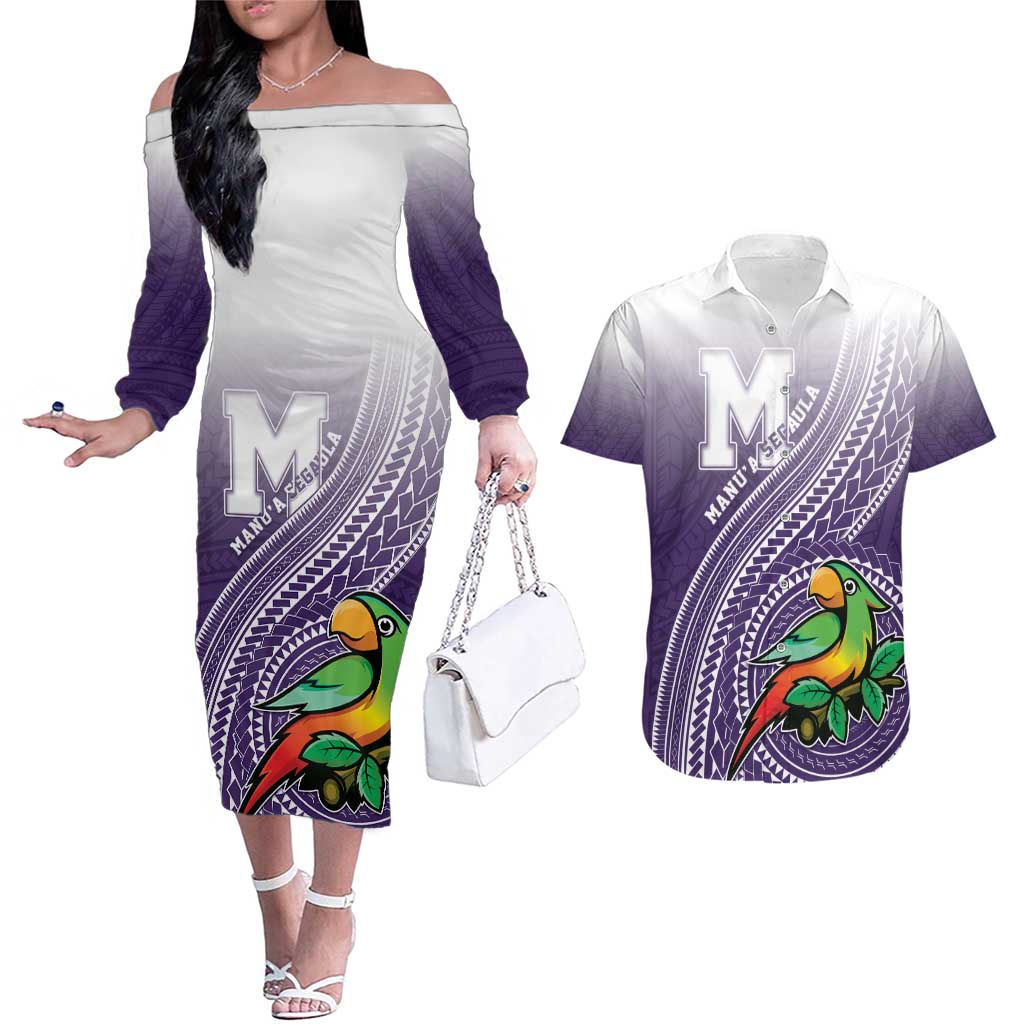 Personalized Manua High School Couples Matching Off The Shoulder Long Sleeve Dress and Hawaiian Shirt Polynesian Tribal Pattern LT05 Purple - Polynesian Pride