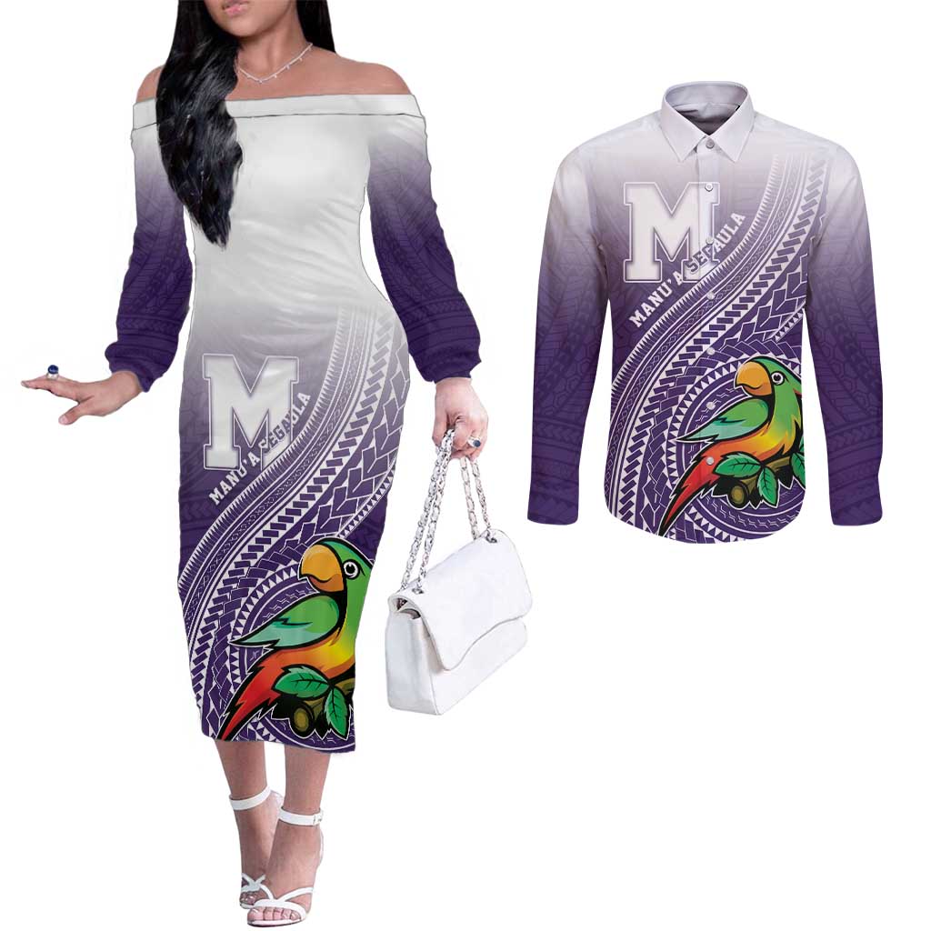 Personalized Manua High School Couples Matching Off The Shoulder Long Sleeve Dress and Long Sleeve Button Shirt Polynesian Tribal Pattern