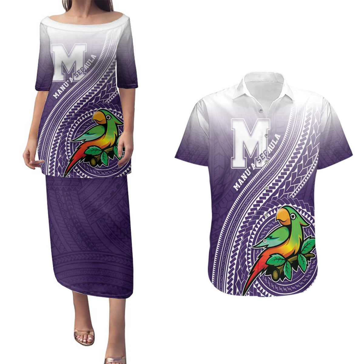 Personalized Manua High School Couples Matching Puletasi and Hawaiian Shirt Polynesian Tribal Pattern LT05 Purple - Polynesian Pride