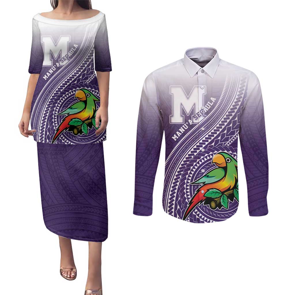 Personalized Manua High School Couples Matching Puletasi and Long Sleeve Button Shirt Polynesian Tribal Pattern