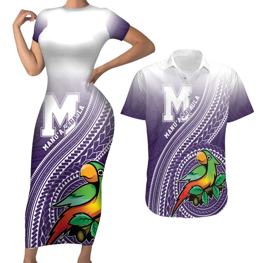 Personalized Manua High School Couples Matching Short Sleeve Bodycon Dress and Hawaiian Shirt Polynesian Tribal Pattern LT05 Purple - Polynesian Pride