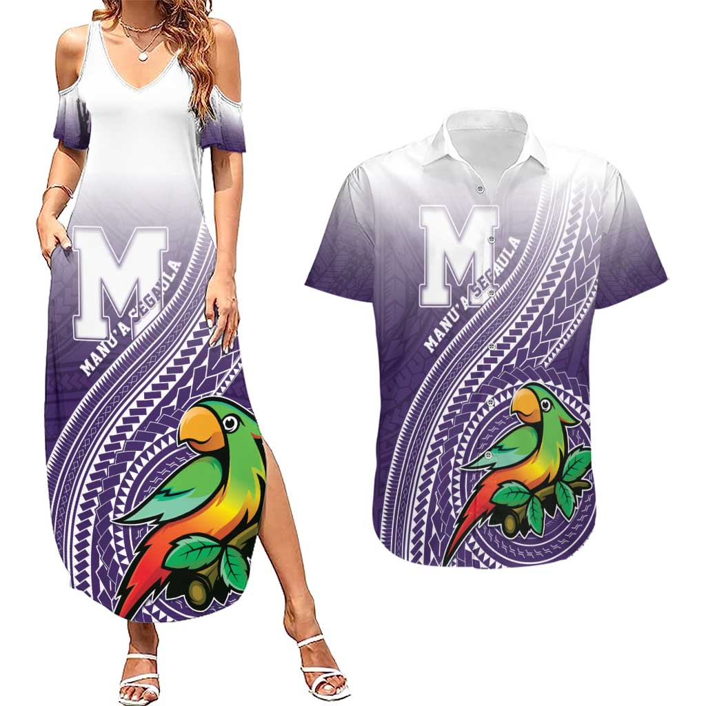 Personalized Manua High School Couples Matching Summer Maxi Dress and Hawaiian Shirt Polynesian Tribal Pattern LT05 Purple - Polynesian Pride