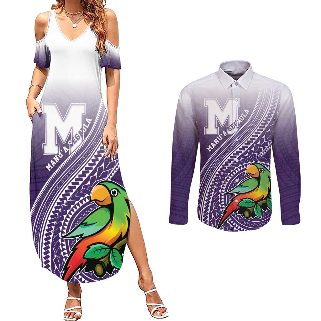 Personalized Manua High School Couples Matching Summer Maxi Dress and Long Sleeve Button Shirt Polynesian Tribal Pattern