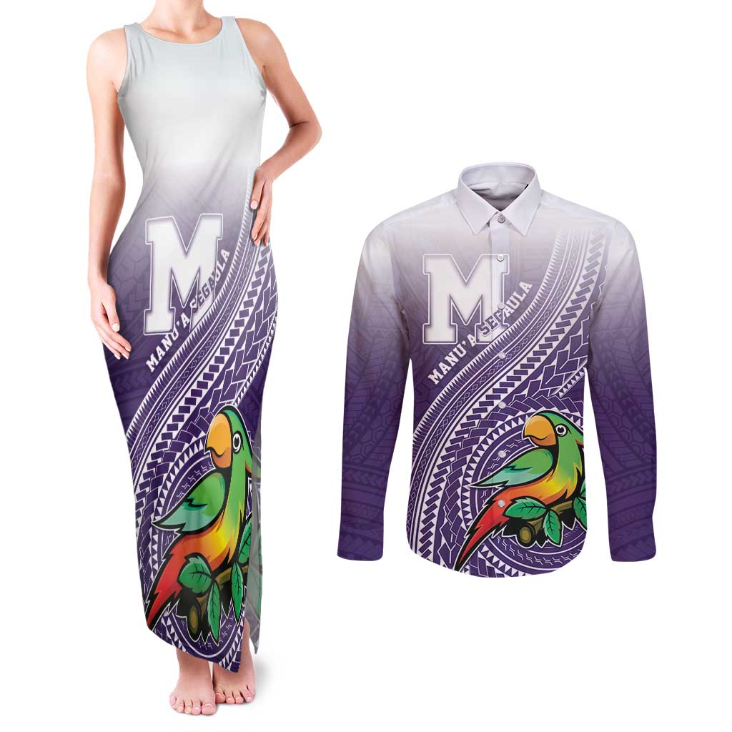 Personalized Manua High School Couples Matching Tank Maxi Dress and Long Sleeve Button Shirt Polynesian Tribal Pattern LT05 Purple - Polynesian Pride