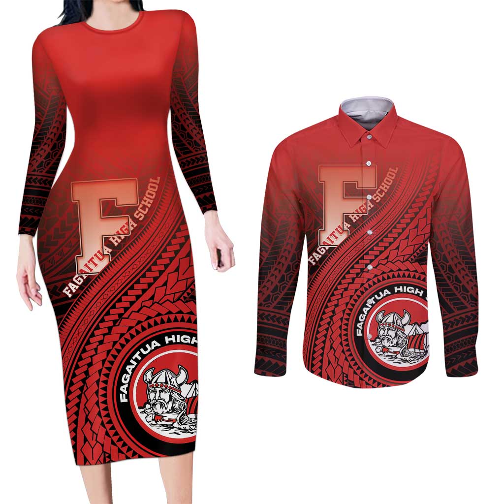 Personalized Fagaitua High School Couples Matching Long Sleeve Bodycon Dress and Long Sleeve Button Shirt Polynesian Tribal Pattern