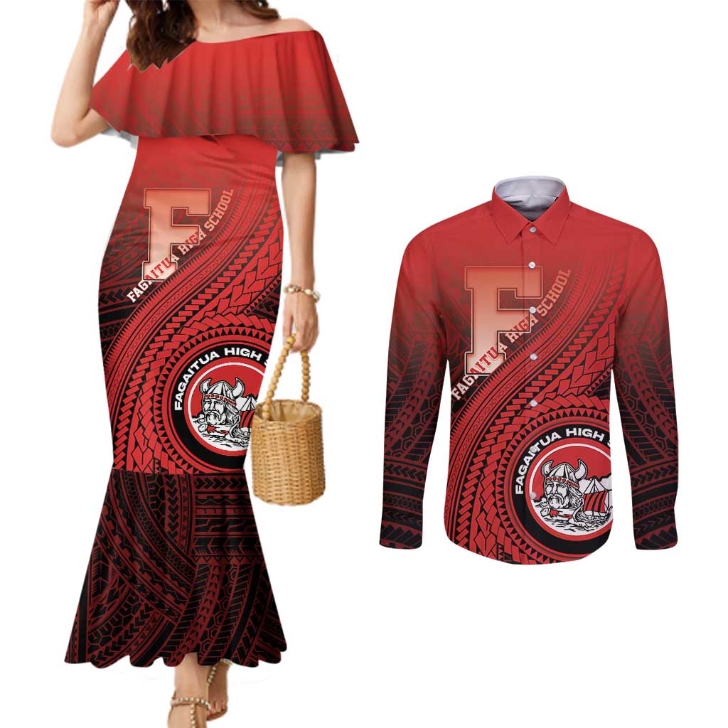 Personalized Fagaitua High School Couples Matching Mermaid Dress and Long Sleeve Button Shirt Polynesian Tribal Pattern