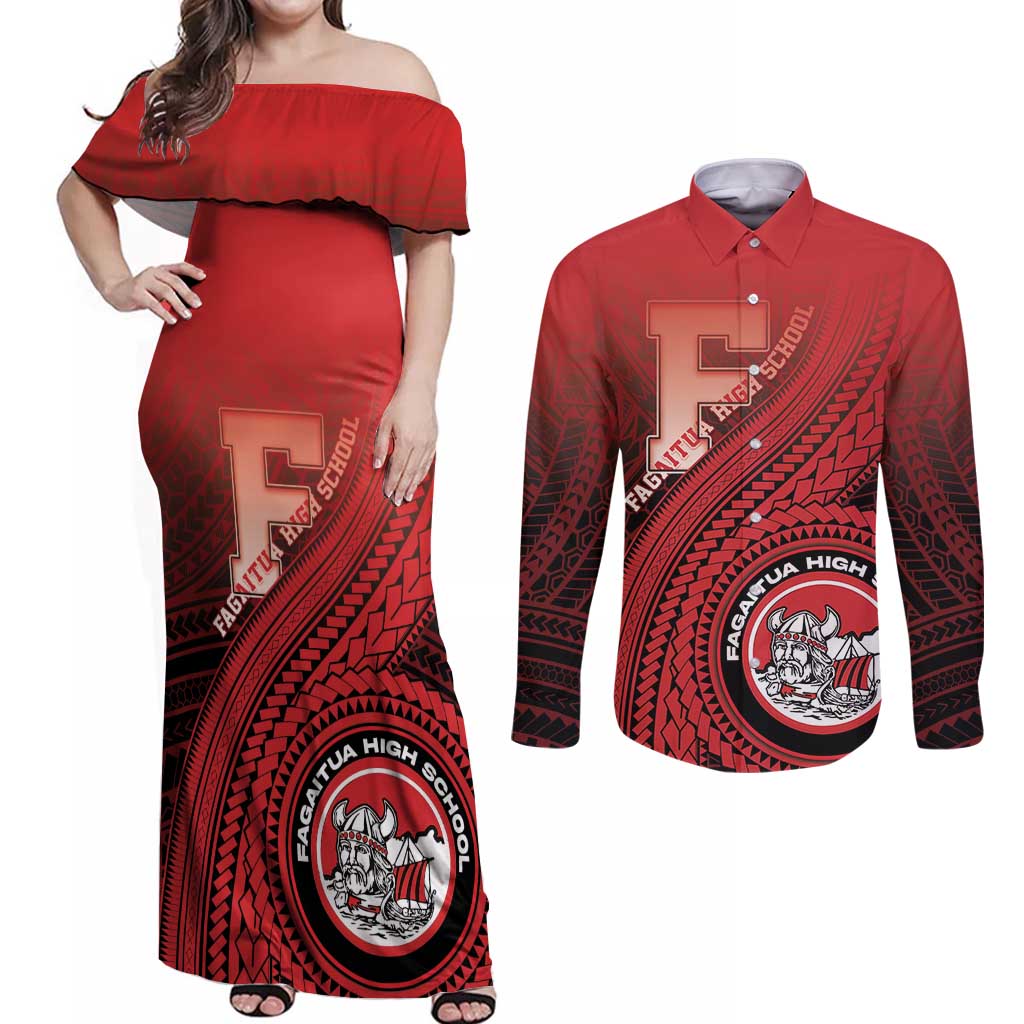 Personalized Fagaitua High School Couples Matching Off Shoulder Maxi Dress and Long Sleeve Button Shirt Polynesian Tribal Pattern