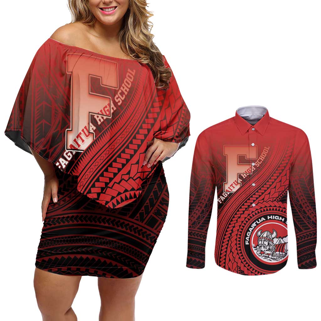 Personalized Fagaitua High School Couples Matching Off Shoulder Short Dress and Long Sleeve Button Shirt Polynesian Tribal Pattern