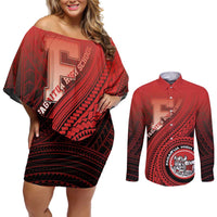 Personalized Fagaitua High School Couples Matching Off Shoulder Short Dress and Long Sleeve Button Shirt Polynesian Tribal Pattern LT05 Red - Polynesian Pride