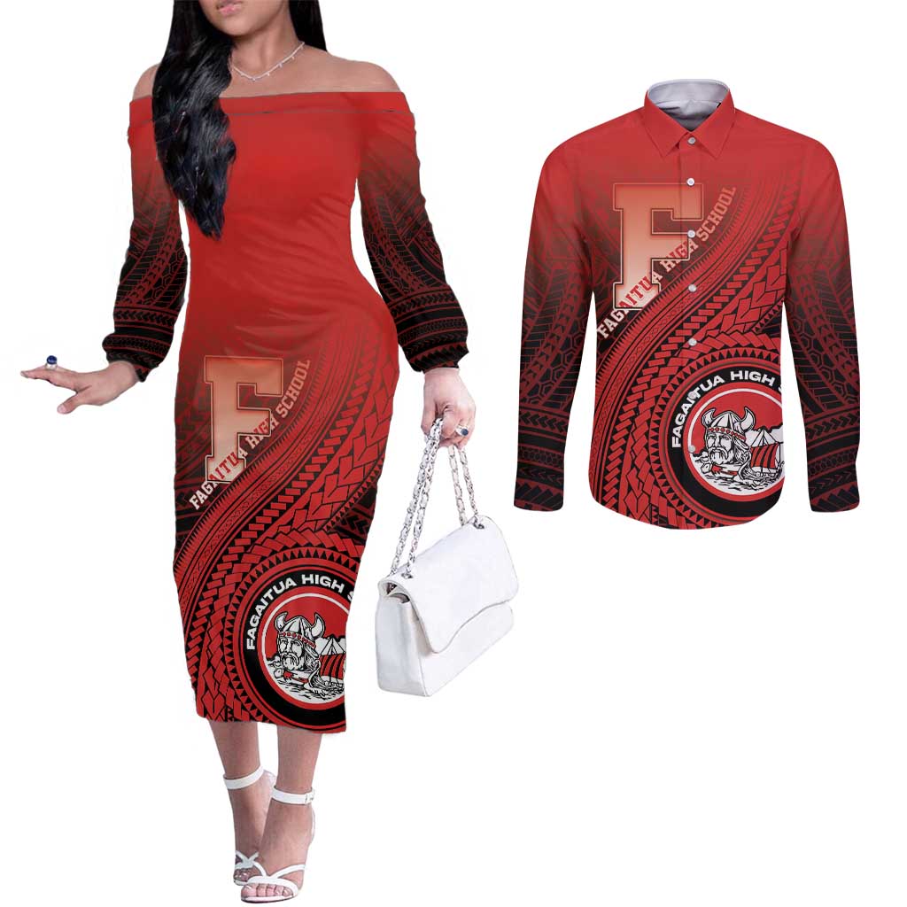 Personalized Fagaitua High School Couples Matching Off The Shoulder Long Sleeve Dress and Long Sleeve Button Shirt Polynesian Tribal Pattern