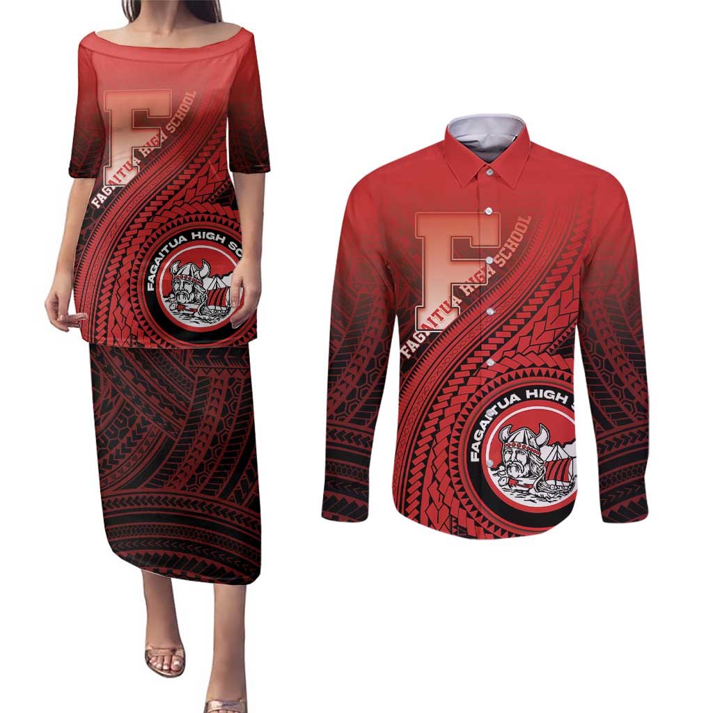 Personalized Fagaitua High School Couples Matching Puletasi and Long Sleeve Button Shirt Polynesian Tribal Pattern