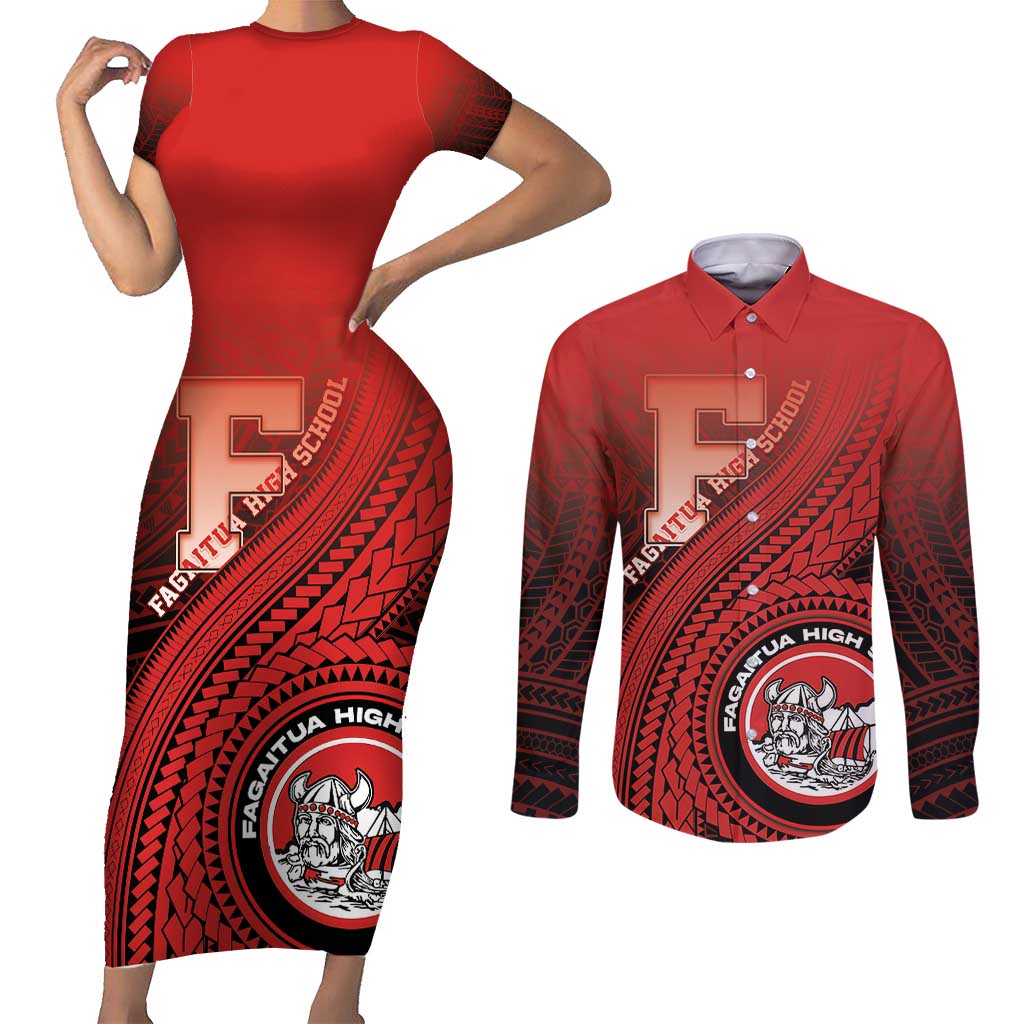 Personalized Fagaitua High School Couples Matching Short Sleeve Bodycon Dress and Long Sleeve Button Shirt Polynesian Tribal Pattern