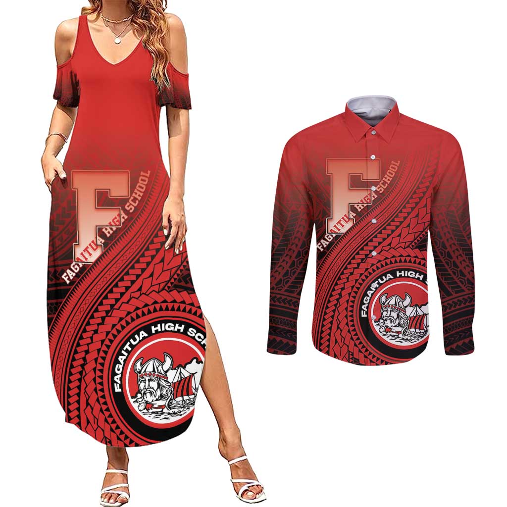 Personalized Fagaitua High School Couples Matching Summer Maxi Dress and Long Sleeve Button Shirt Polynesian Tribal Pattern