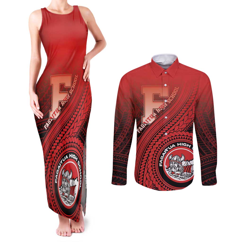 Personalized Fagaitua High School Couples Matching Tank Maxi Dress and Long Sleeve Button Shirt Polynesian Tribal Pattern