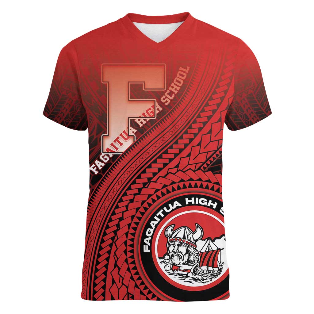 Personalized Fagaitua High School Women V-Neck T-Shirt Polynesian Tribal Pattern