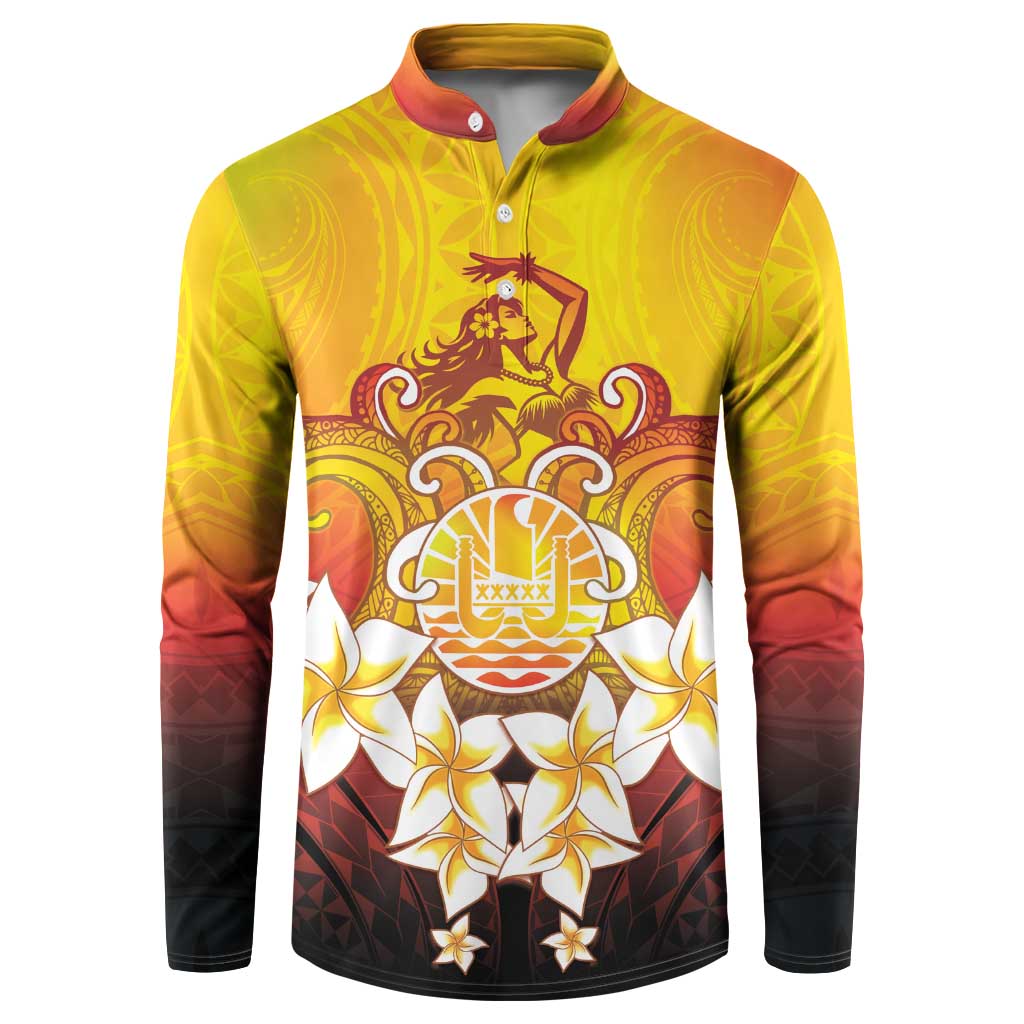 Tahiti Heiva Festival Button Sweatshirt Tahitian Vahine Plumeria Flowers