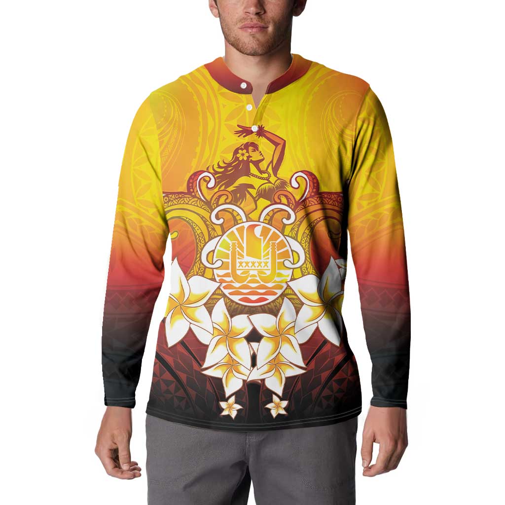 Tahiti Heiva Festival Button Sweatshirt Tahitian Vahine Plumeria Flowers