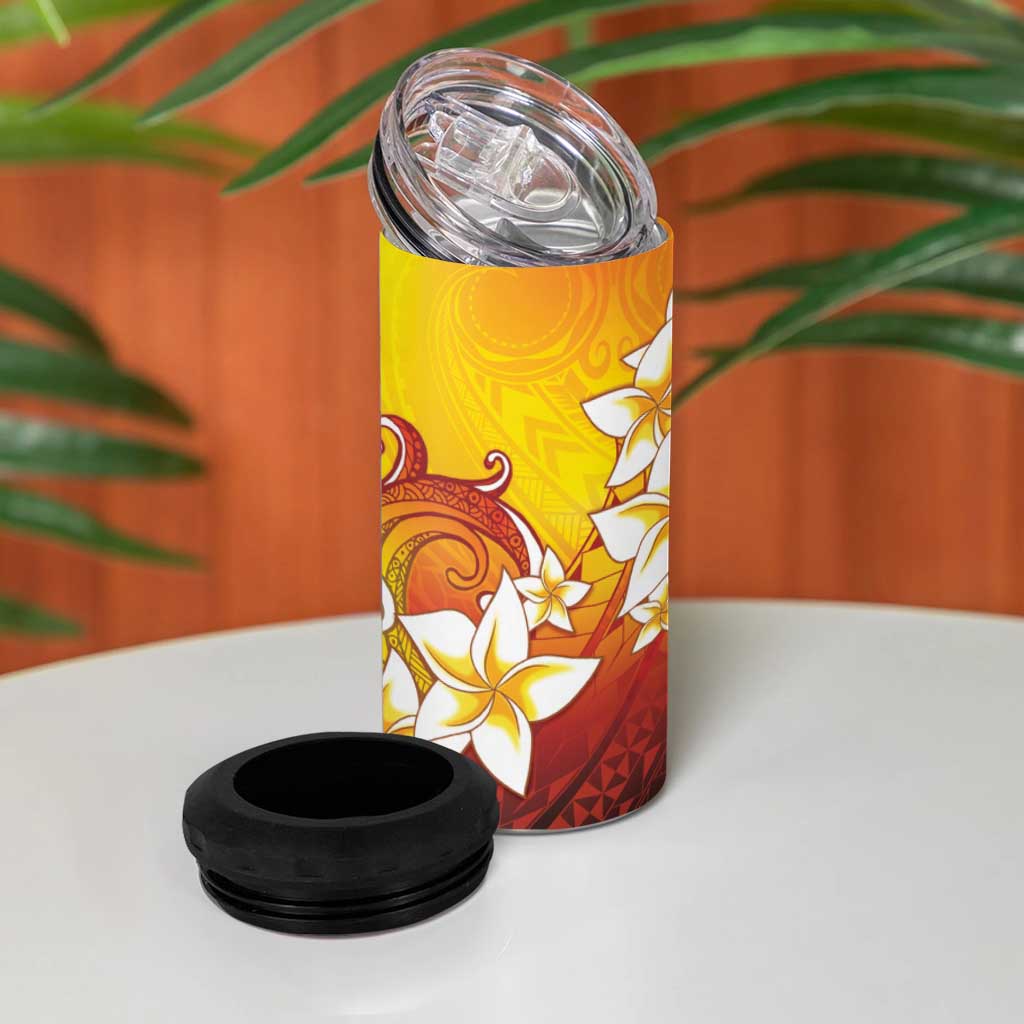 Tahiti Heiva Festival 4 in 1 Can Cooler Tumbler Tahitian Vahine Plumeria Flowers