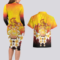 Tahiti Heiva Festival Couples Matching Long Sleeve Bodycon Dress and Hawaiian Shirt Tahitian Vahine Plumeria Flowers