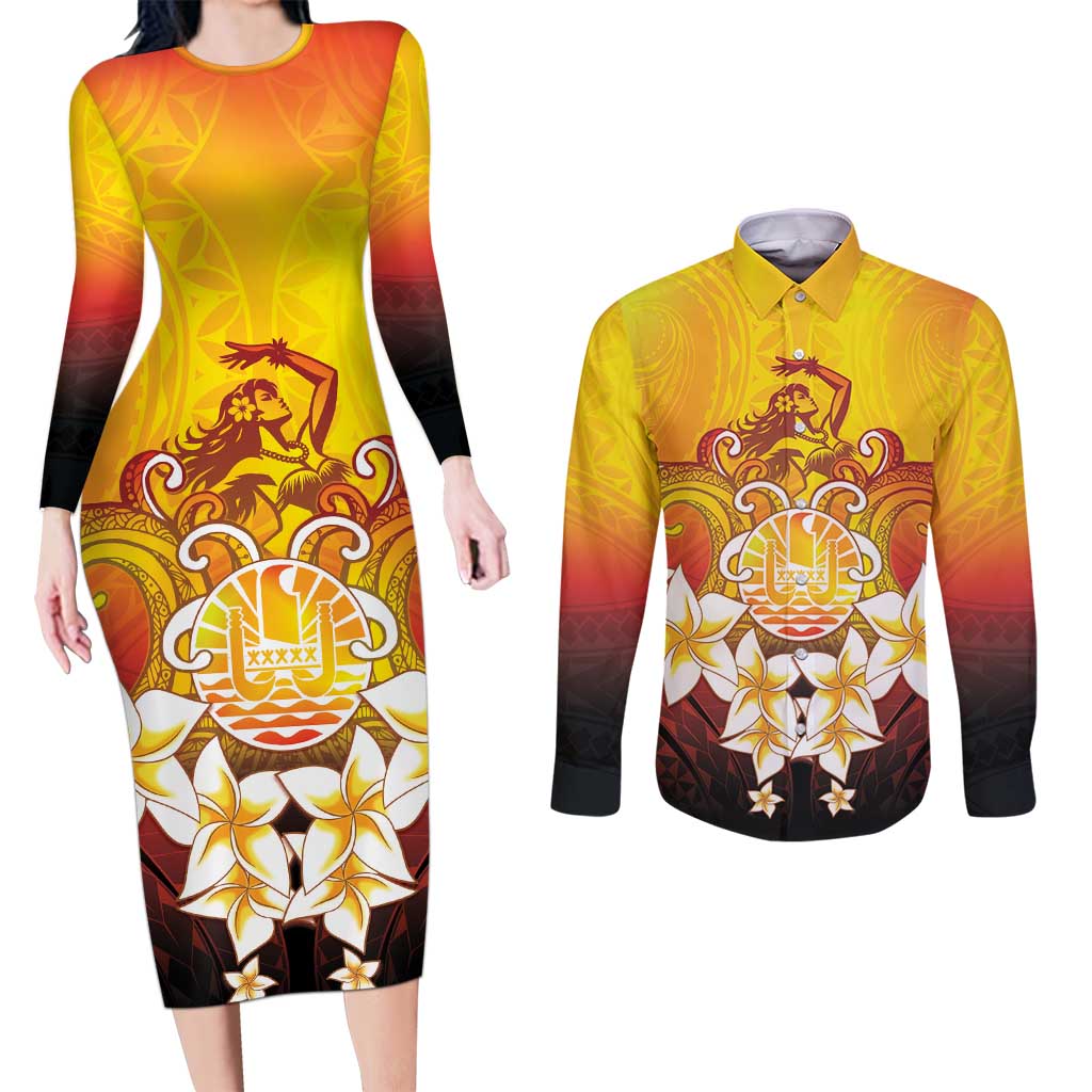 Tahiti Heiva Festival Couples Matching Long Sleeve Bodycon Dress and Long Sleeve Button Shirt Tahitian Vahine Plumeria Flowers