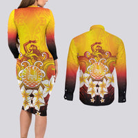 Tahiti Heiva Festival Couples Matching Long Sleeve Bodycon Dress and Long Sleeve Button Shirt Tahitian Vahine Plumeria Flowers